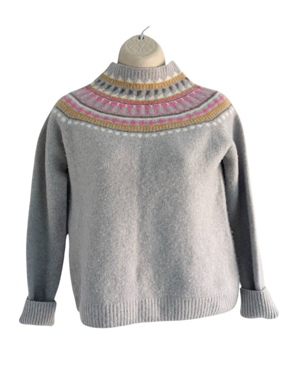 Harley of Scotland For J. Crew Womens Sz S Gray Pink Lambswool Fairisle Sweater